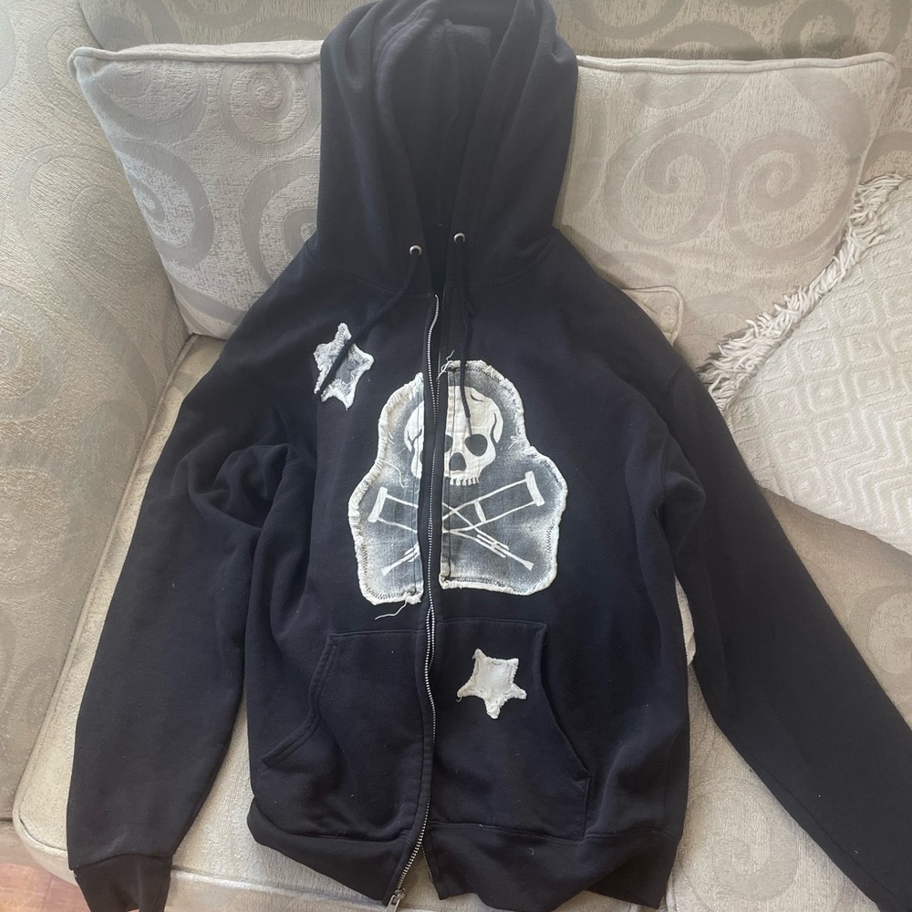 Black Graphic Zip-Up Hoodie Jacket with Jackass Skull & Stars Appliqué